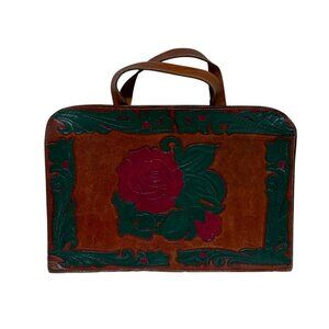 VTG Handmade Full Grain Leather Laptop Briefcase Western Rose Dual Compartments